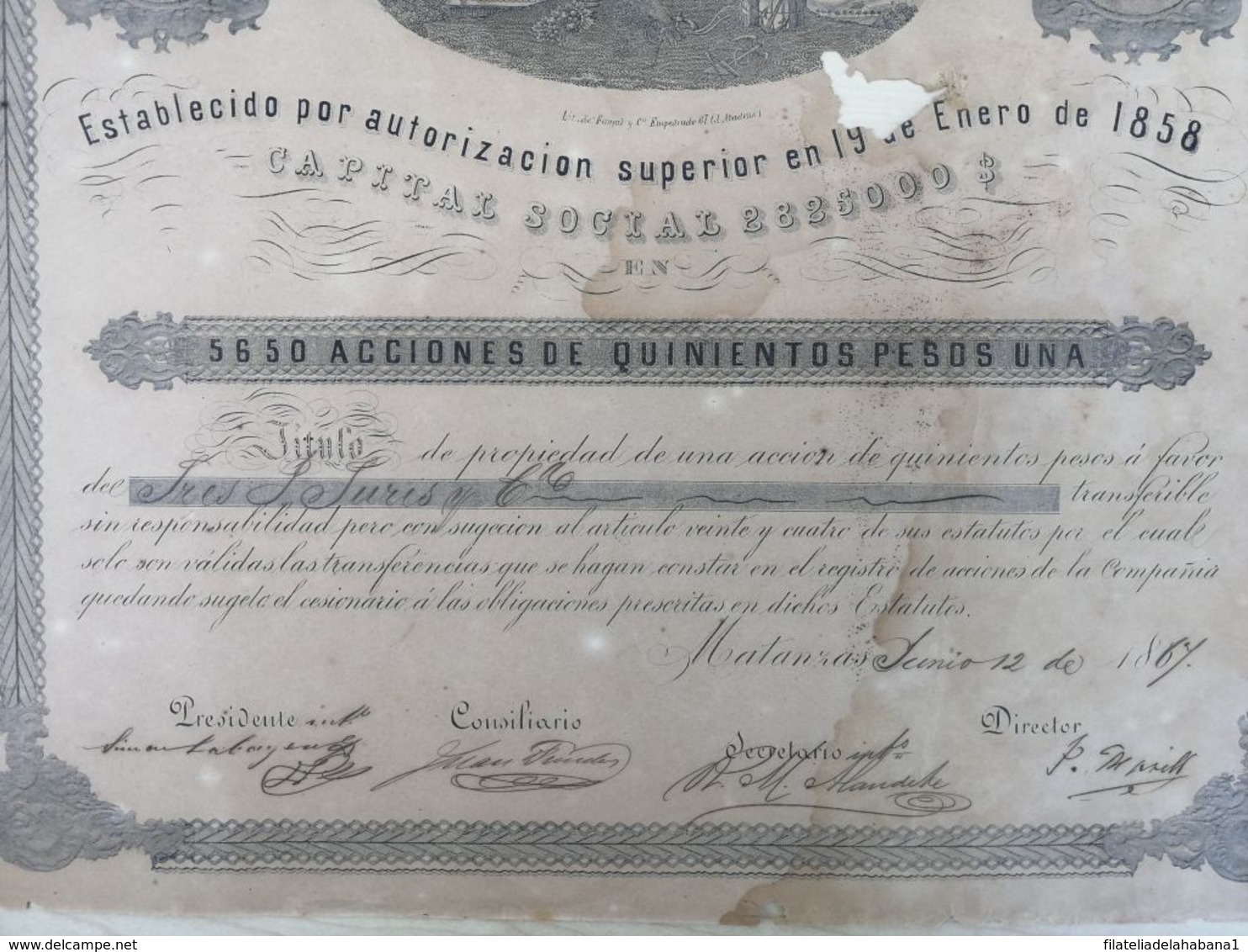 BON-351 CUBA SPAIN ACCION BANCO DE SAN CARLOS DE MATANZAS 1867 35x35 Cm - Bank & Insurance