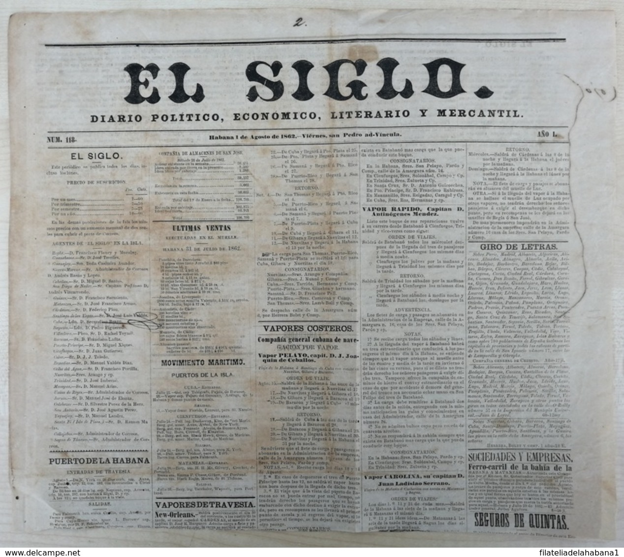 BP308 CUBA SPAIN 1862 PERIODICO EL SIGLO OLD COMPLETE NEWSPAPER 31x35cm. - Other & Unclassified