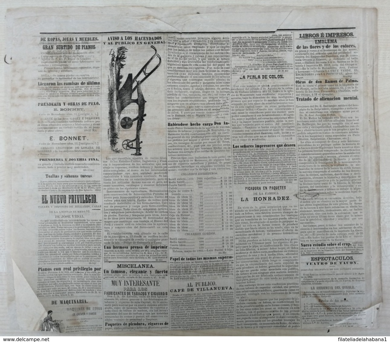 BP308 CUBA SPAIN 1862 PERIODICO EL SIGLO OLD COMPLETE NEWSPAPER 31x35cm. - Other & Unclassified