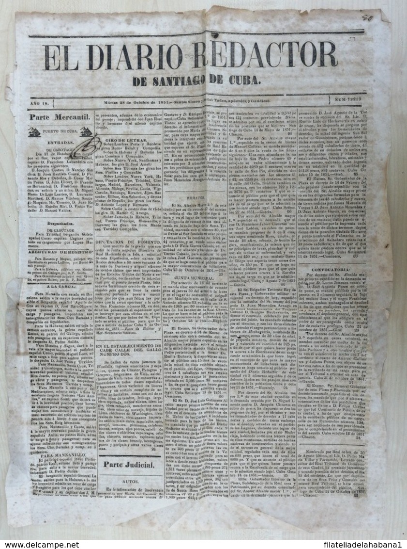 BP309 CUBA SPAIN 1862 PERIODICO EL REDACTOR SANTIAGO DE CUBA COMPLETE NEWSPAPER 53x38cm. - Other & Unclassified