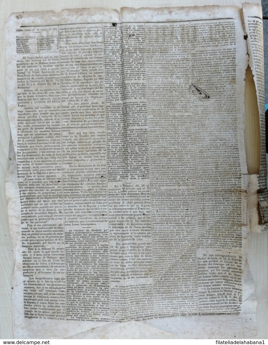 BP309 CUBA SPAIN 1862 PERIODICO EL REDACTOR SANTIAGO DE CUBA COMPLETE NEWSPAPER 53x38cm. - Sonstige & Ohne Zuordnung