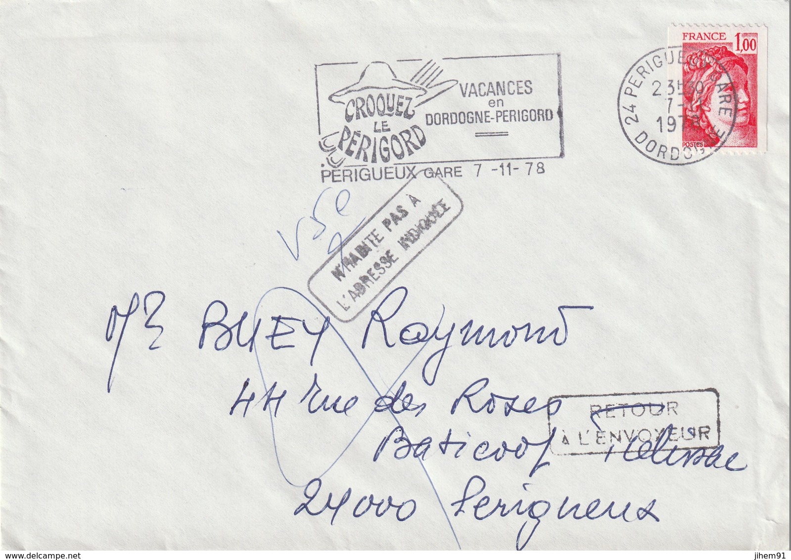 Lettre De "Périgueux Gare" (Dordogne, 24) Du 07-11-1978 Pour Périgueux (Dordogne, 24) En "NPAI" Et "Retour à L'envoyeur" - Oblitérations Mécaniques (flammes)