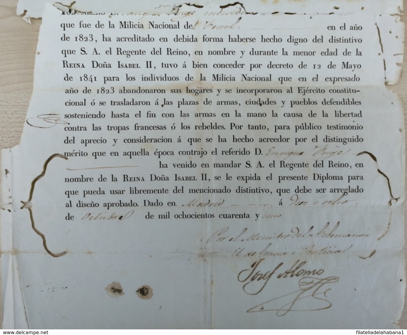 E6340 ESPAÑA SPAIN DIPLOMA DE CERTIFICACION DE MILICIA MILITAR 1841 FIRMADO MINISTRO DE GOBERNACION. 40x26cm. - Historische Documenten