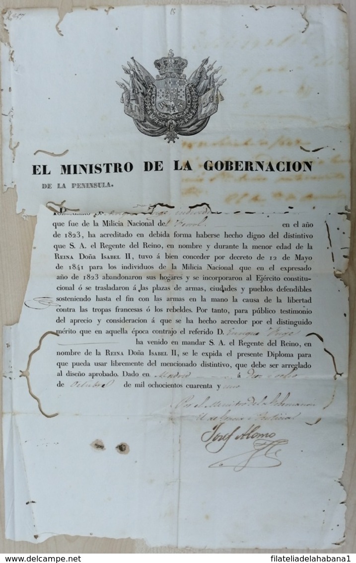 E6340 ESPAÑA SPAIN DIPLOMA DE CERTIFICACION DE MILICIA MILITAR 1841 FIRMADO MINISTRO DE GOBERNACION. 40x26cm. - Historische Documenten