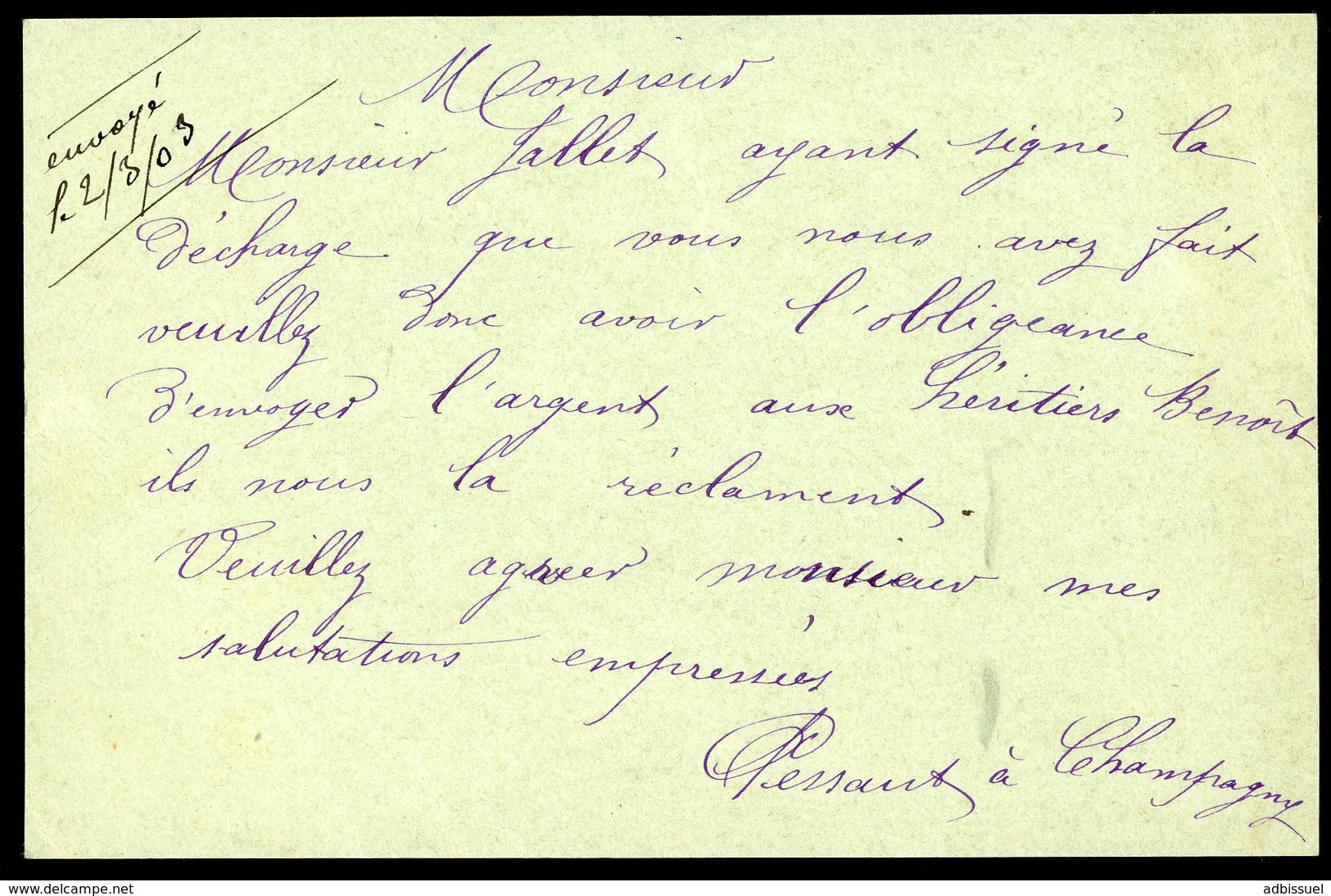 1903 SAONE ET LOIRE BOITE RURALE A Champigny Sous Uxelles, Frappe à Sec / Carte Entier Postal C-à-d Bresse Sur Grosne - 1877-1920: Période Semi Moderne