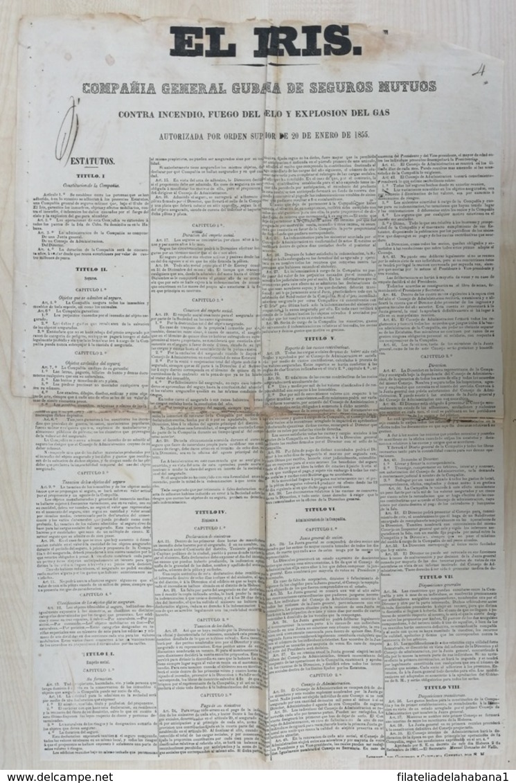 E6341 CUBA ESPAÑA 1861 PLIEGO DE CONDICIONES SEGURO CONTRA INCENDIOS EL IRIS FIRE INSURANCE POSTER 61x40cm. - Historical Documents