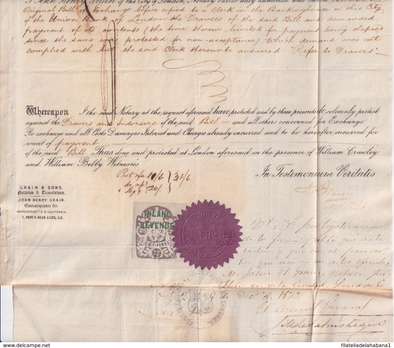 E6362 CUBA SPAIN 1873 CARTA DE PAGO DE DARTHES BANK LETTER UK REVENUE INLAND - Historical Documents