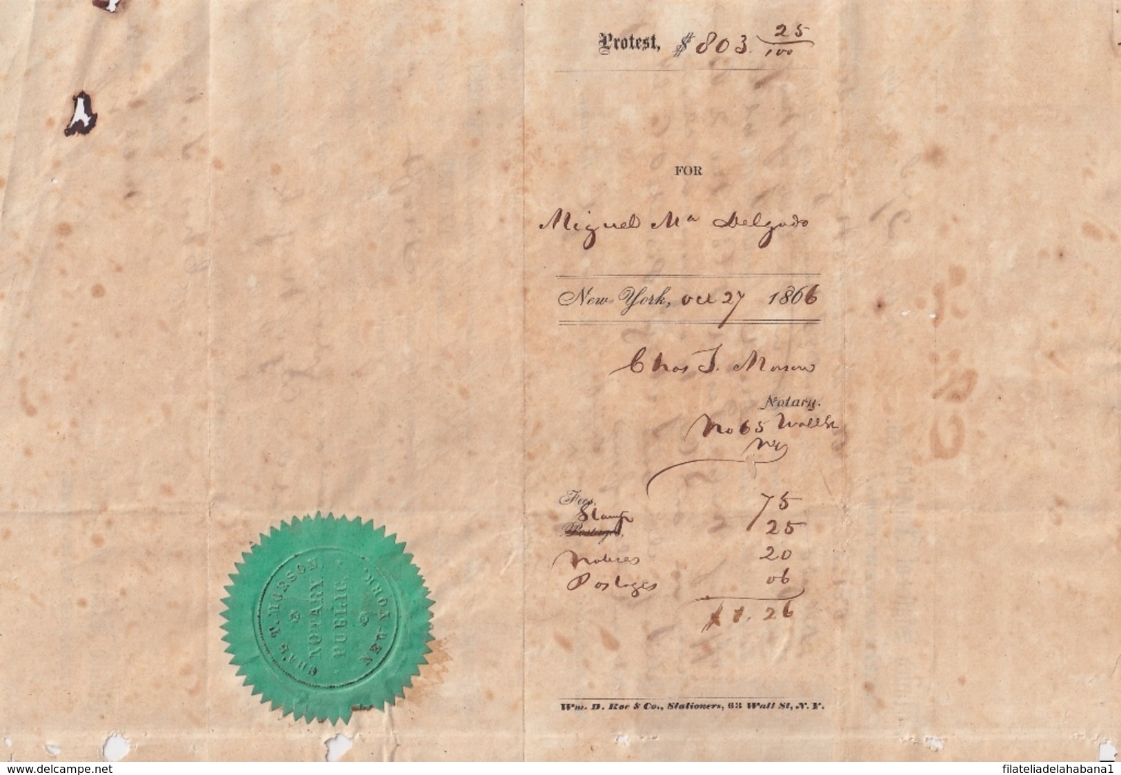 E6363 CUBA SPAIN 1866 NOTARIAL PROTEST DOC IN NEW YORK US REVENUE STAMPS. - Historical Documents