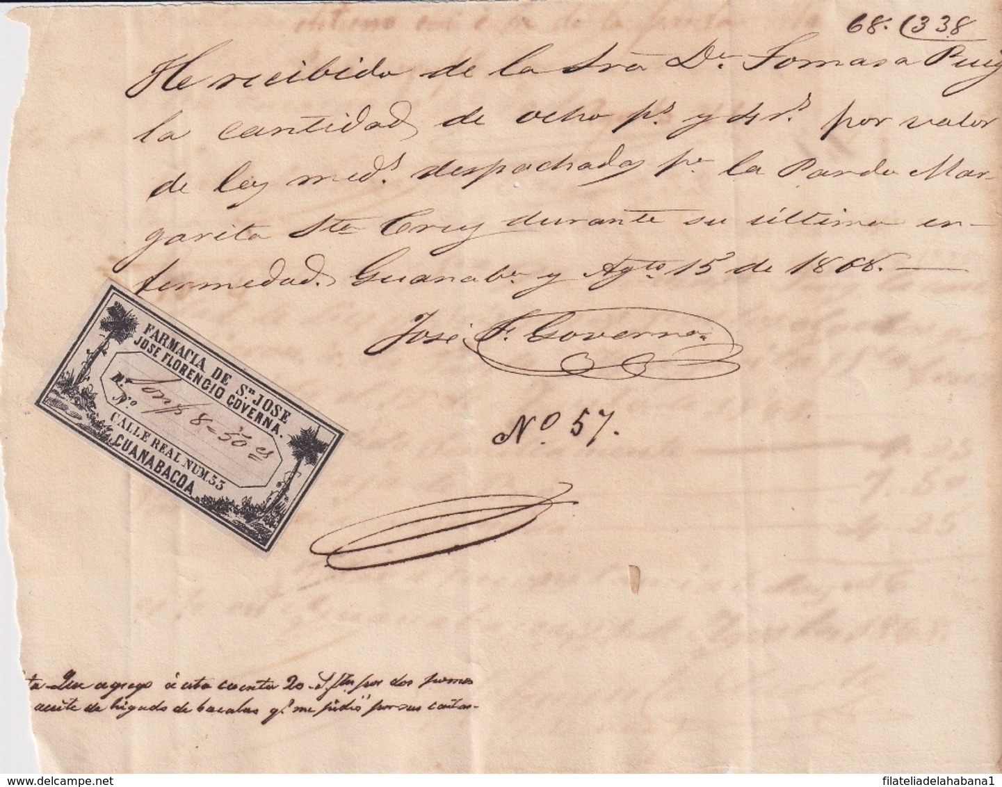 E6365 CUBA SPAIN 1868 GUANABACOA SAN JOSE PHARMACY DRUG STORE INVOICE WITH CINDERELLA. - Historical Documents