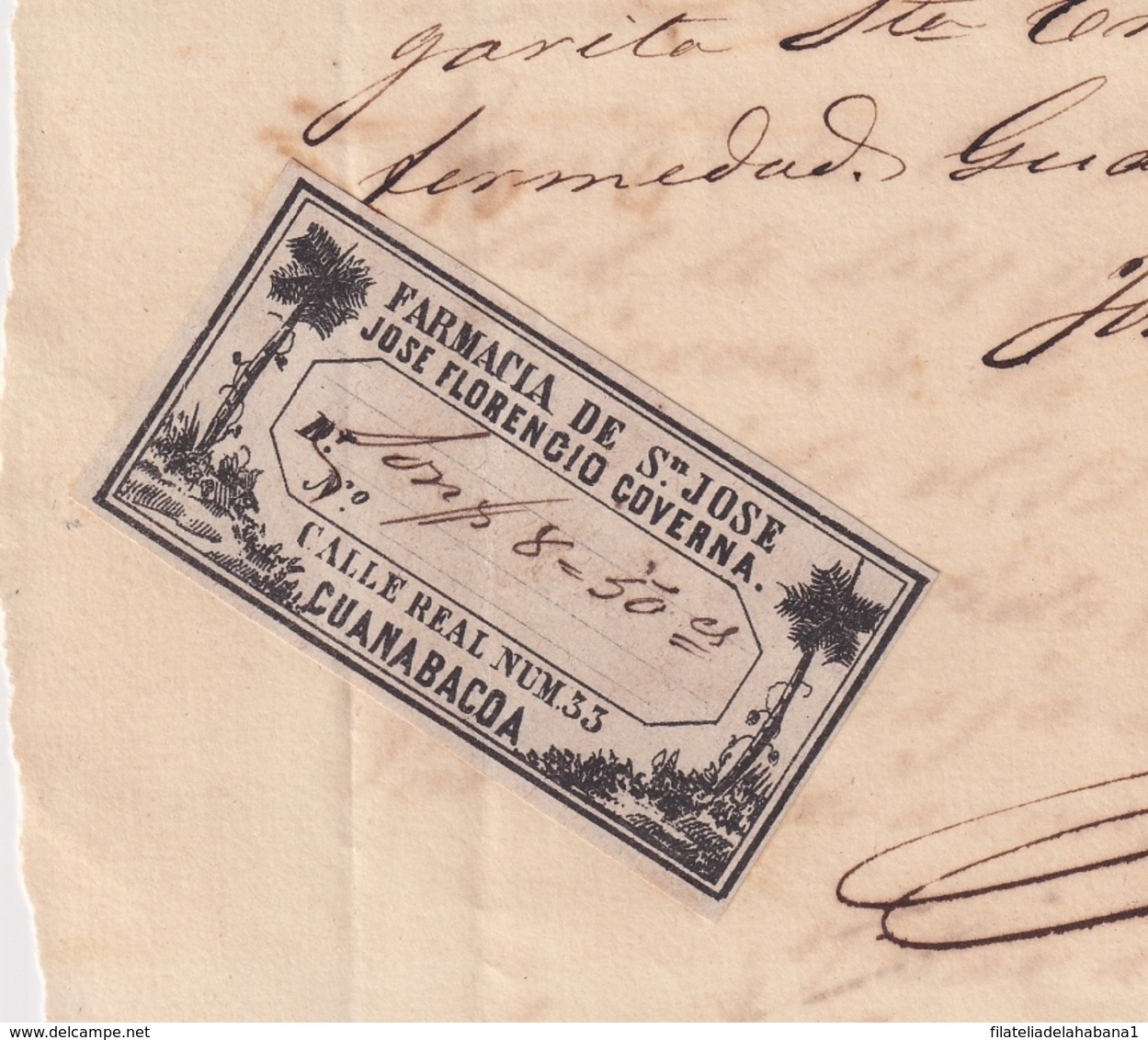 E6365 CUBA SPAIN 1868 GUANABACOA SAN JOSE PHARMACY DRUG STORE INVOICE WITH CINDERELLA. - Historical Documents