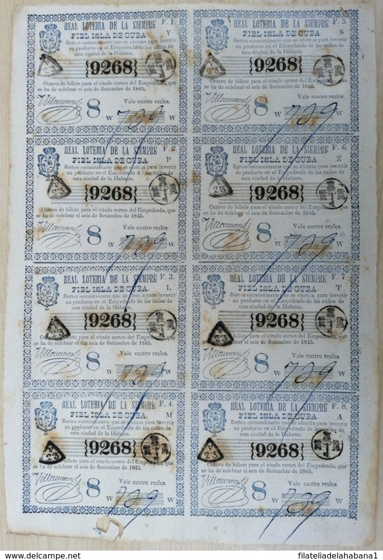 LOT-393 CUBA SPAIN (LG1790) 1845 BILLETE DE LOTERIA SORTEO DEL EMPEDRADO DE LAS CALLES DE LA HABANA. - Lottery Tickets