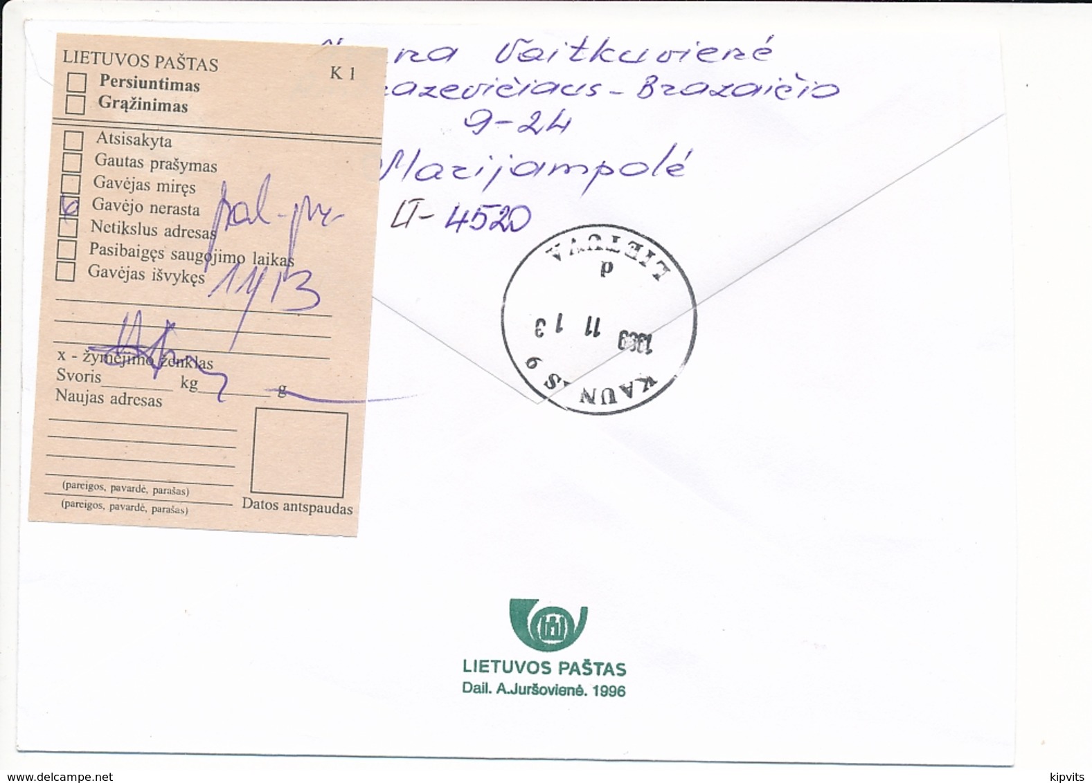 Registered Domestic Cover - 11 November 1999 Marijampolė 4 - Lithuania