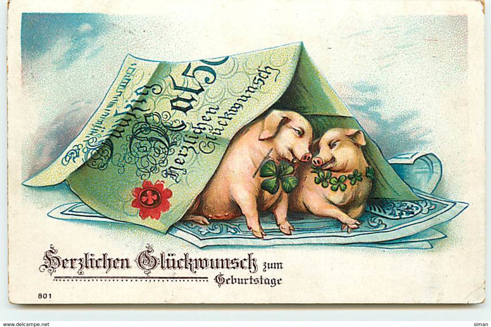 N°12998 - Carte Gaufrée - Herzlichen Glückwunsch Zum Geburstage - Cochons - Billet De Banque - Other & Unclassified