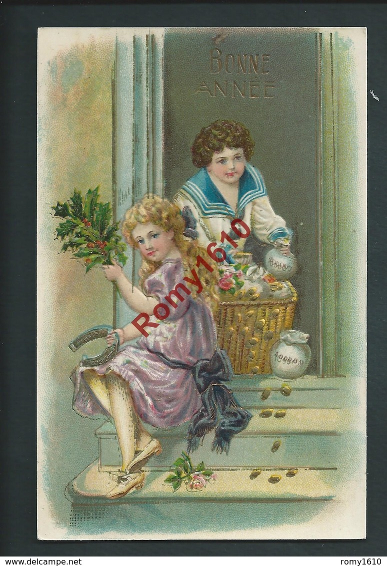 BONNE ANNÉE. Enfant Avec Un Panier De Pièces D'or. Carte Porte Bonheur, Gaufrée. 2 Scans - Coins (pictures)