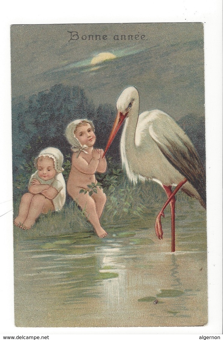 22211 - Bonne Année Cigogne Et Enfants Carte En Relief - Neujahr