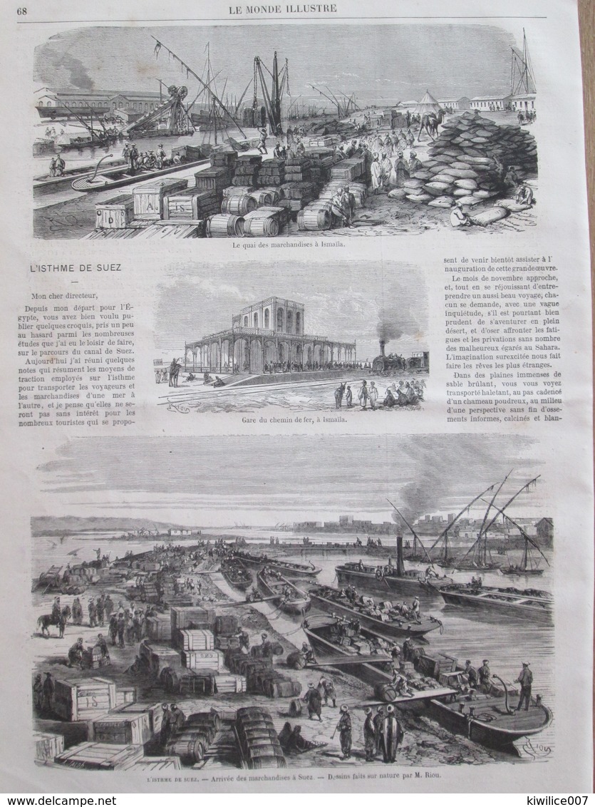 Gravure  1869 L’ISTHME DE SUEZ; GARE CHEMIN DE FER, A ISMAÏALA. GARE CHEMIN DE FER A ISMAÏALA. ARRIVEE MARCHANDISES SUEZ - Non Classés