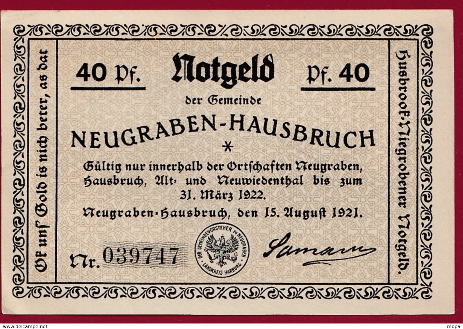 Allemagne 1 Notgeld  40 Pfenning Stadt Neugraben-Hausbruch   (RARE) Dans L 'état N °4256 - Collections