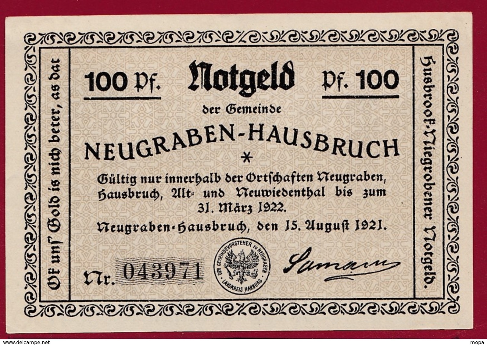 Allemagne 1 Notgeld  100 Pfenning Stadt Neugraben-Hausbruch   (RARE) Dans L 'état N °4259 - Collections