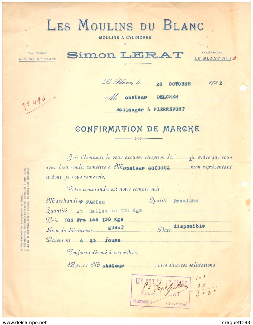 LES MOULINS DU BLANC-MOULINS A CYLINDRES- SIMON LERA  CONFIRMATION DE MARCHE - 1922 LE BLANC - MURAT - 1900 – 1949
