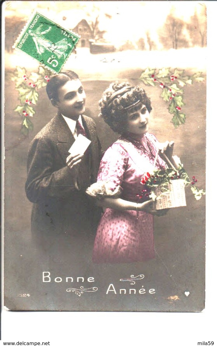 Bonne Année. 1524. De Mme Lefebvre Lallart à Méricourt à M. Et Mme Désiré Druesne à Roubaix. 1913 - Vrouwen