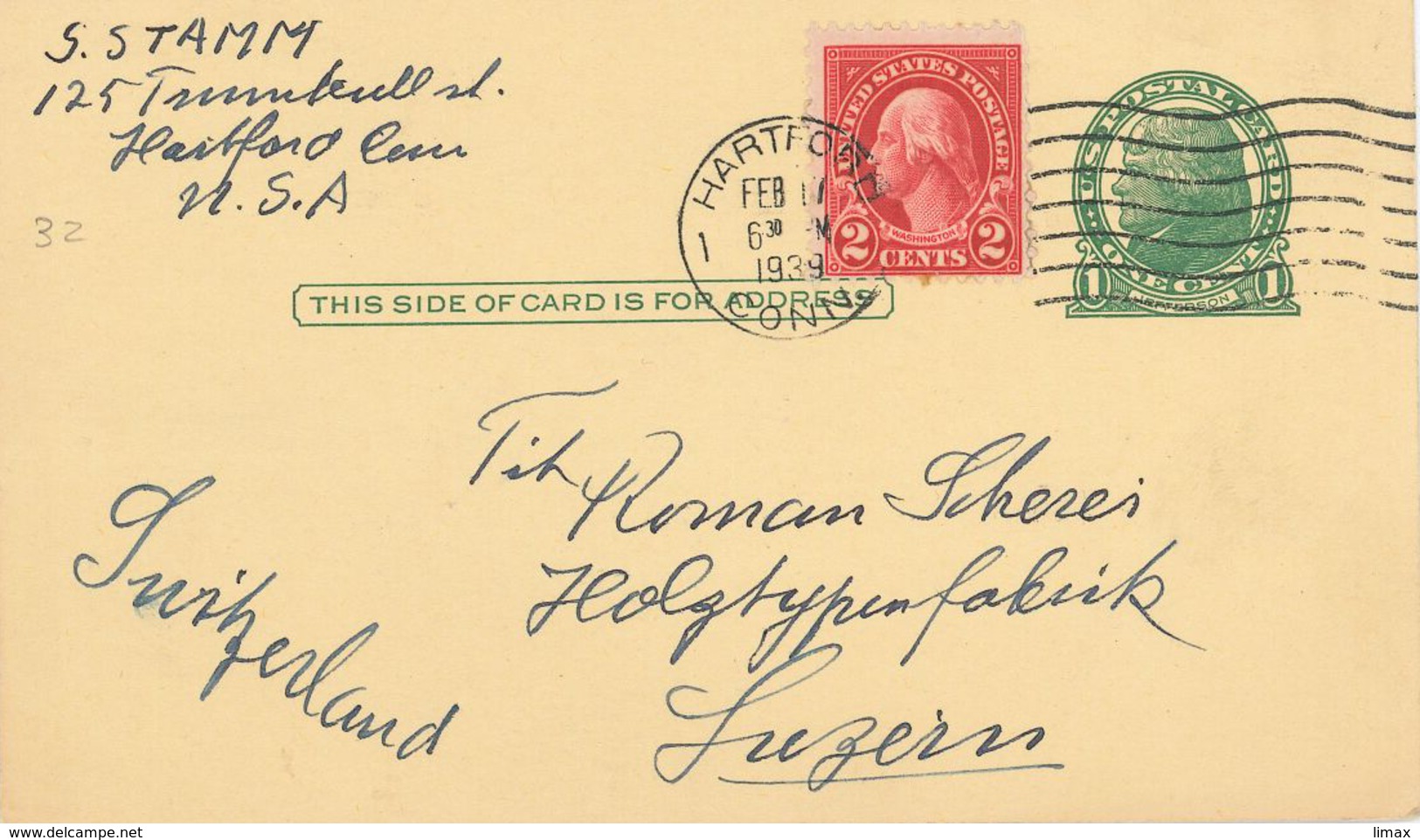 Ganzsache Jefferson 1939 Hartford Washington Karte Nach Luzern - Covers & Documents