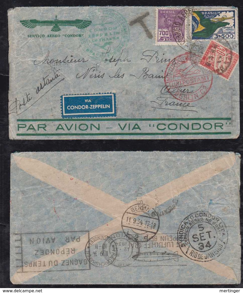 Brazil Brasil 1934 Zeppelin Cover RIO To Néris-les-Bains ALLIER France With Postage Due Stamp For Poste Restante - Airmail (Private Companies)