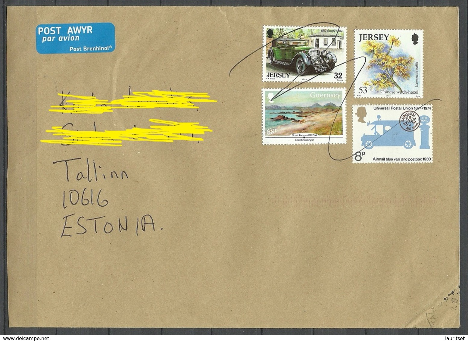 JERSEY Air Mail 2019 Cover To Estonia Stamps Remained Mint & Cancelled By Hand By Some Postal Clerk - Jersey