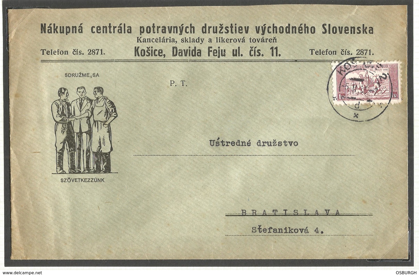 CZECH / SLOVAKIA. 1935. COVER. CENTRAL FOOD PROCESSING AND PURCHASING CO-OPERATIVES. KOSICE POSTMARK. - Covers & Documents