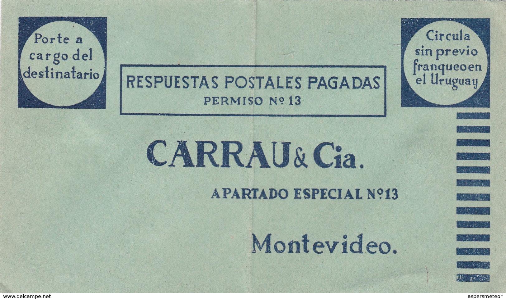 1940'S COMMERCIAL COVER- CARRAU & CIA, RESPUESTAS POSTALES PAGADAS, CIRCULA SIN PREVIO FRANQUEO. URUGUAY. ADVERT - BLEUP - Uruguay