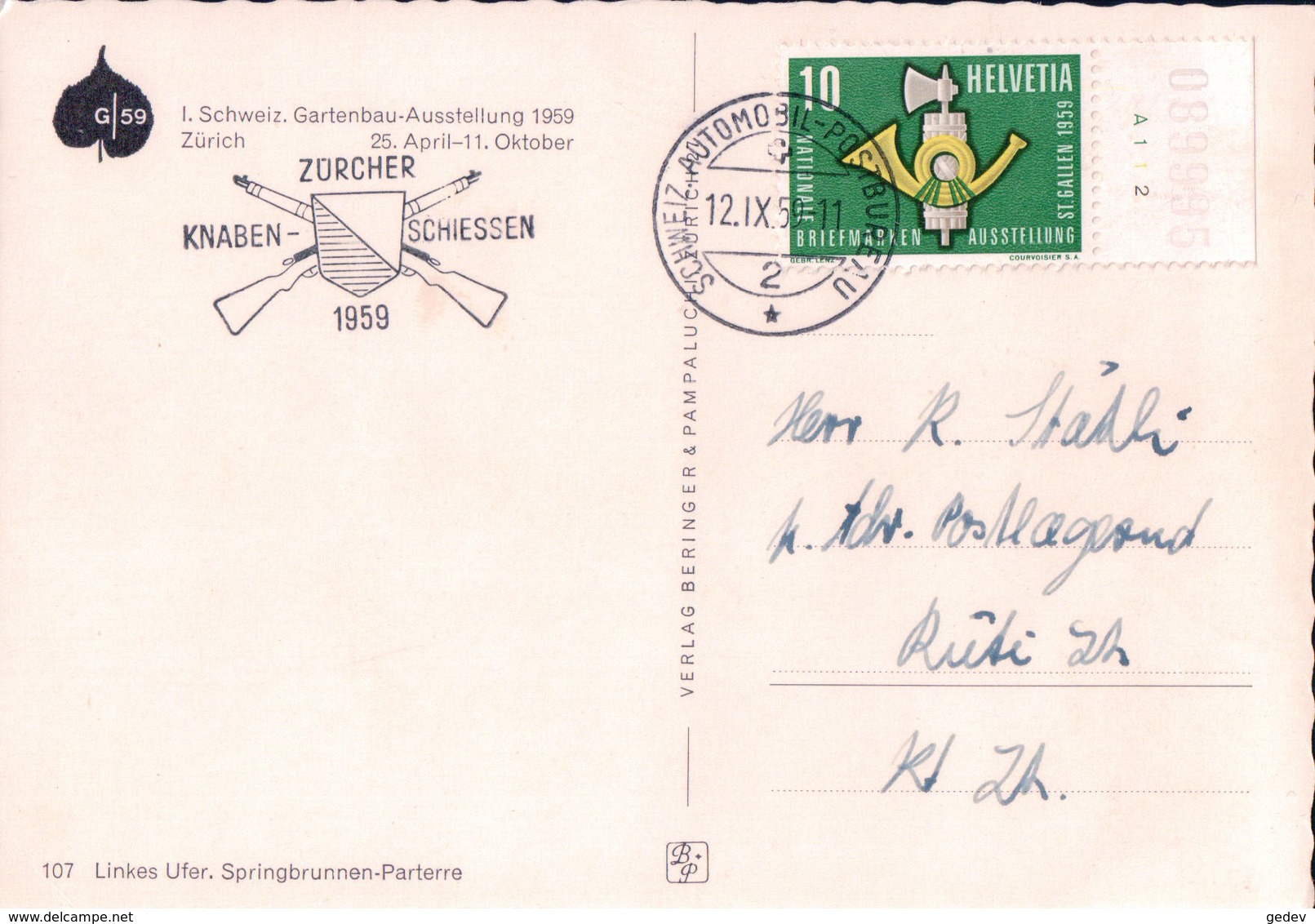 Carte Postale Suisse, Cachet Zürcher-Knaben Schiessen 1959, Automobil-Postbureau (12.9.59) - Marcofilia