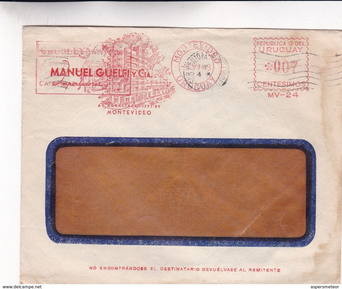 1948 COMMERCIAL COVER- MANUEL GUELFI Y CIA. CIRCULEE URUGUAY. FRANKING MACHINE- BLEUP - Uruguay