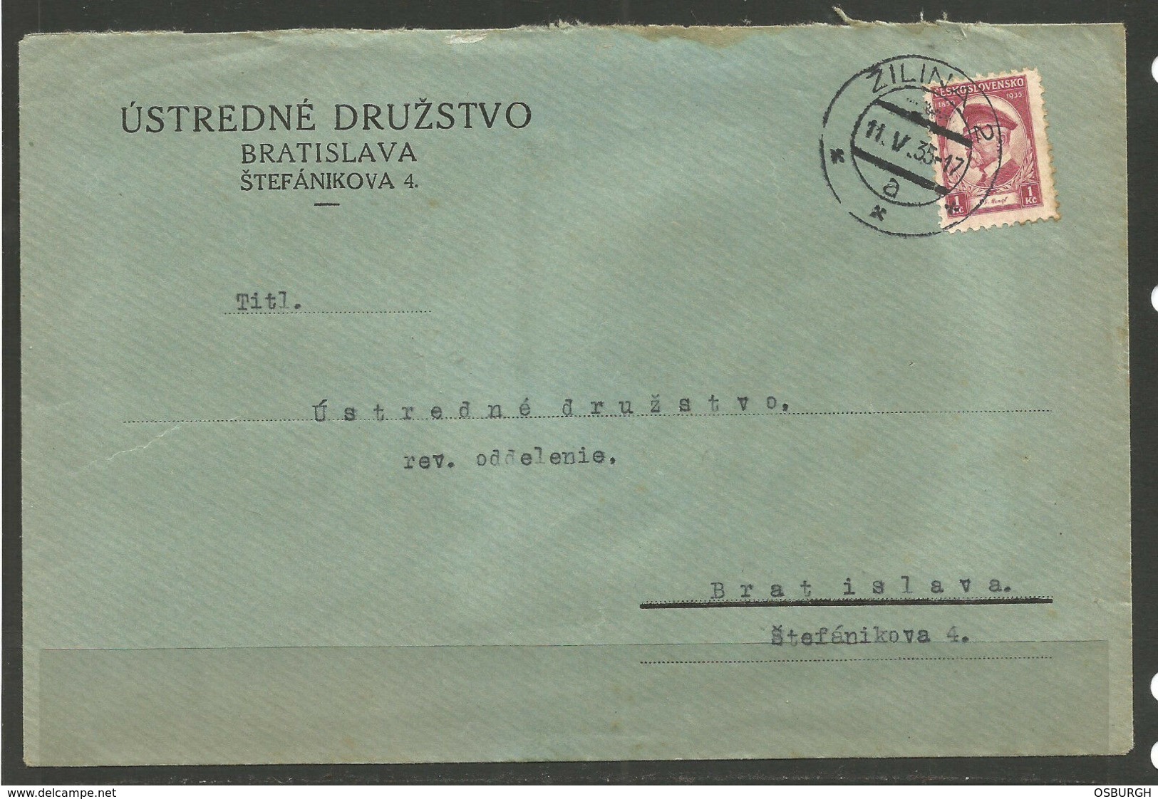 CZECHOSLOVAKIA. 1935. COVER. ZILNA POSTMARK. USTREDNE DRUZSTVO - Covers & Documents