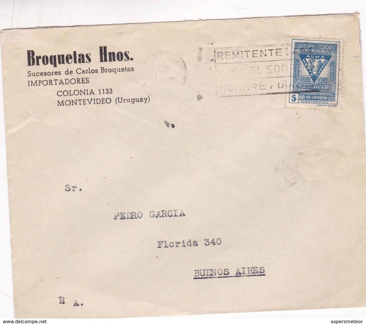 1950'S COMMERCIAL COVER- BROQUETAS HNOS. CIRCULEE URUGUAY TO BUENOS AIRES, BANDELETA PARLANTE- BLEUP - Uruguay