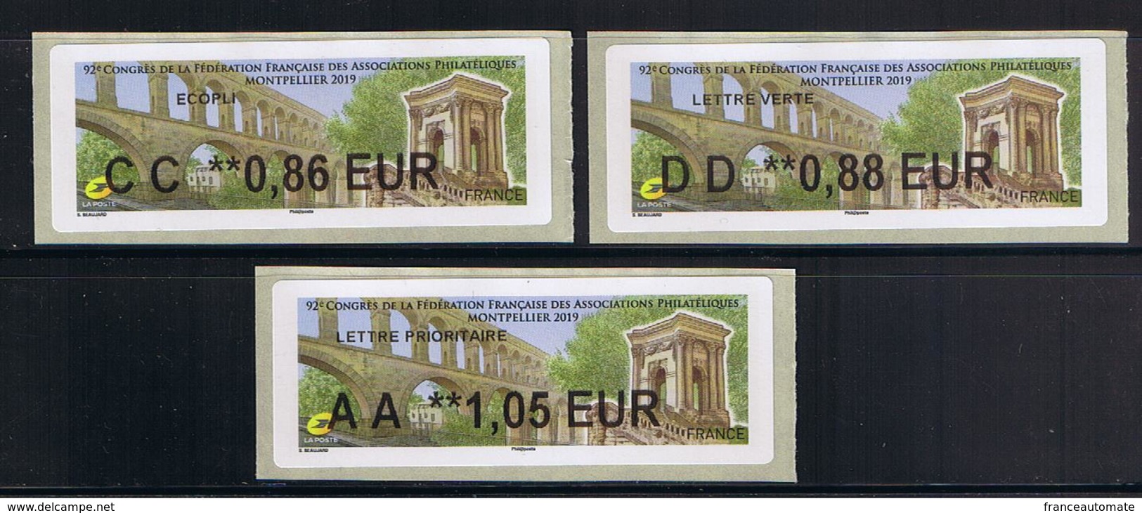 3 Atms, LISA2, CC 0.86/ DD 0.88/ AA 1.05€, MONTPELLIER 2019, 92ème CONGRES DE LA FFAP. - 2010-... Abgebildete Automatenmarke