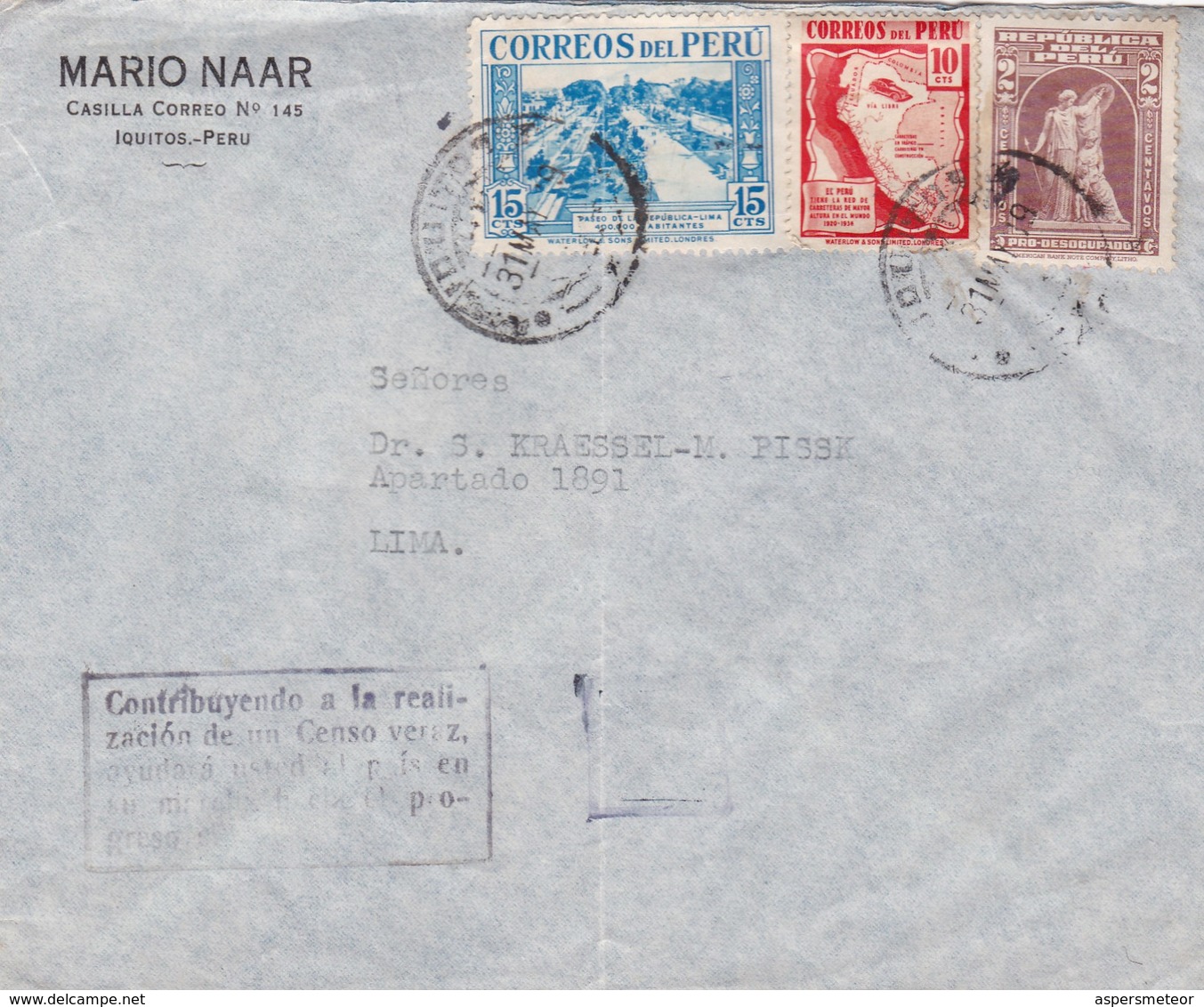 1949 COMMERCIAL COVER- MARIO NAAR. CIRCULEE IQUITOS TO LIMA, PERU, BANDELETA PARLANTE- BLEUP - Pérou