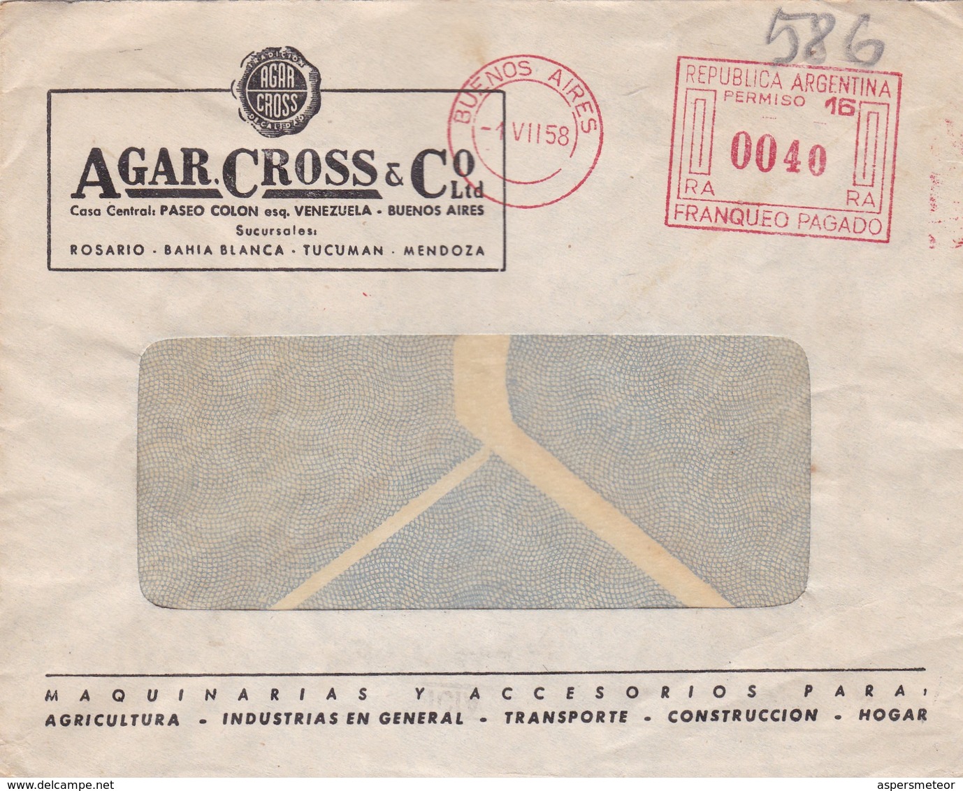 1958 COMMERCIAL COVER- AGAR CROSS & CO LTD. CIRCULEE BUENOS AIRES ARGENTINE BANDELETA PARLANTE- BLEUP - Lettres & Documents