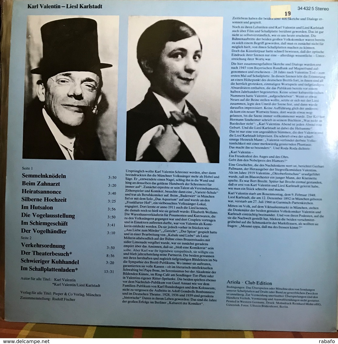 LP Alemán De Karl Valentin Y Liesl Karlstadt Año 1978 - Humor, Cabaret
