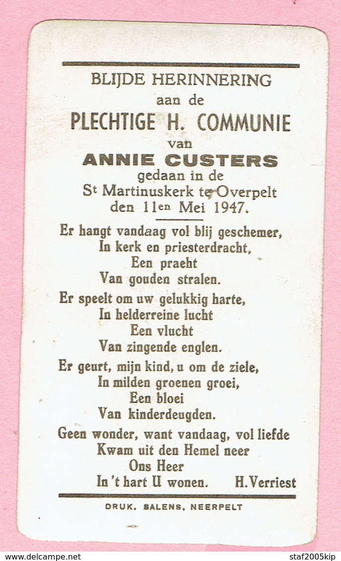 Plechtige H. Communieprentje - Annie CUSTERS - Overpelt 1947 - Devotion Images