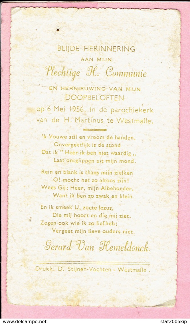 Plechtige H. Communieprentje - Gerard Van Hemeldonck - Westmalle 1956 - Devotion Images