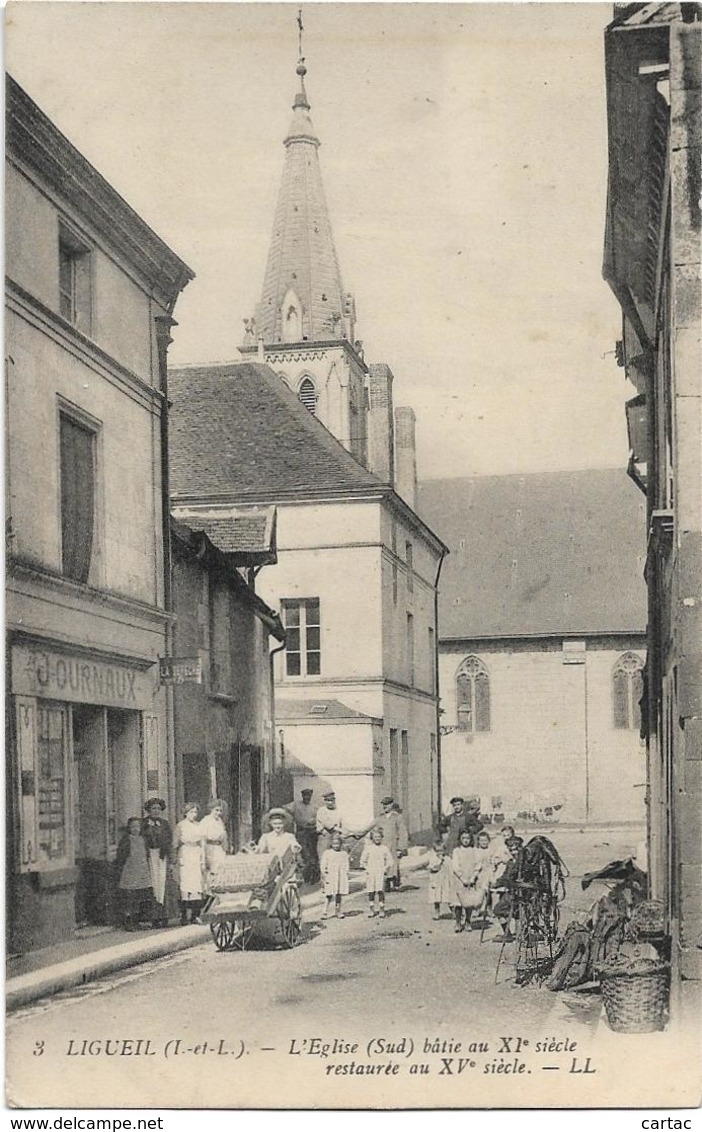 D37 - LIGUEIL - L'EGLISE (SUD) BÂTIE AU XIe SIECLE RESTAUREE AU XIe SIECLE-Personnes-Enfants-Charrette-Magasin Journaux - Autres & Non Classés