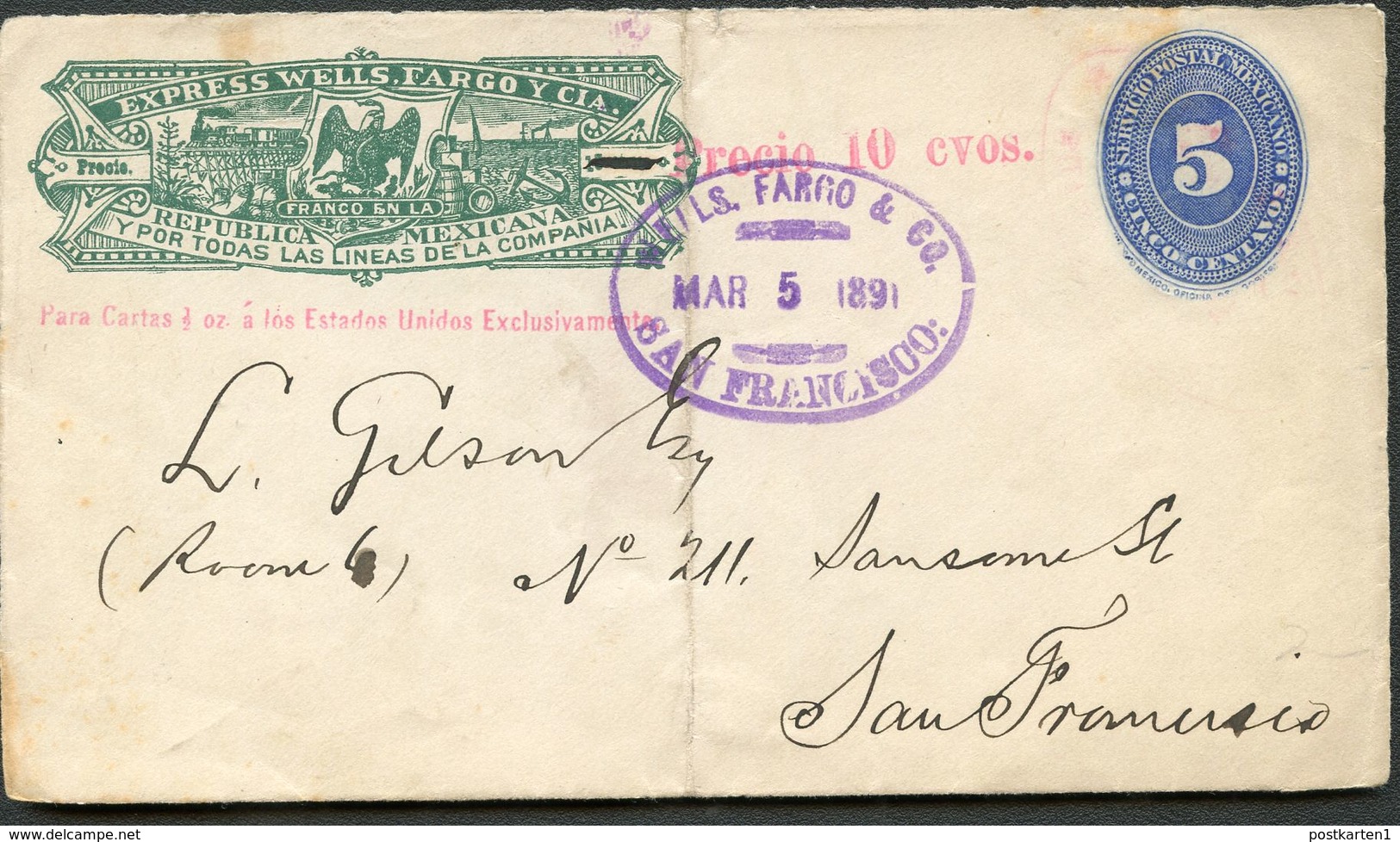 Mexico Front Of Cover WELLS FARGO WF68 5+10c San Fransico CA 1891 - Mexiko