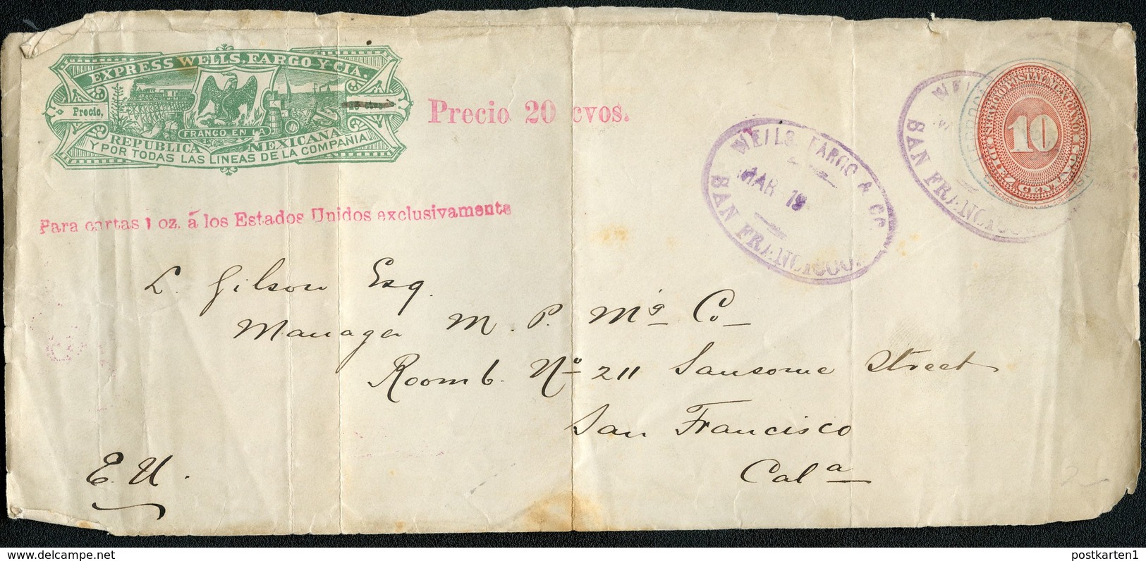 Mexico Front Of Cover WELLS FARGO WF70 10+20c Used To San Francisco CA 1891 - Mexiko