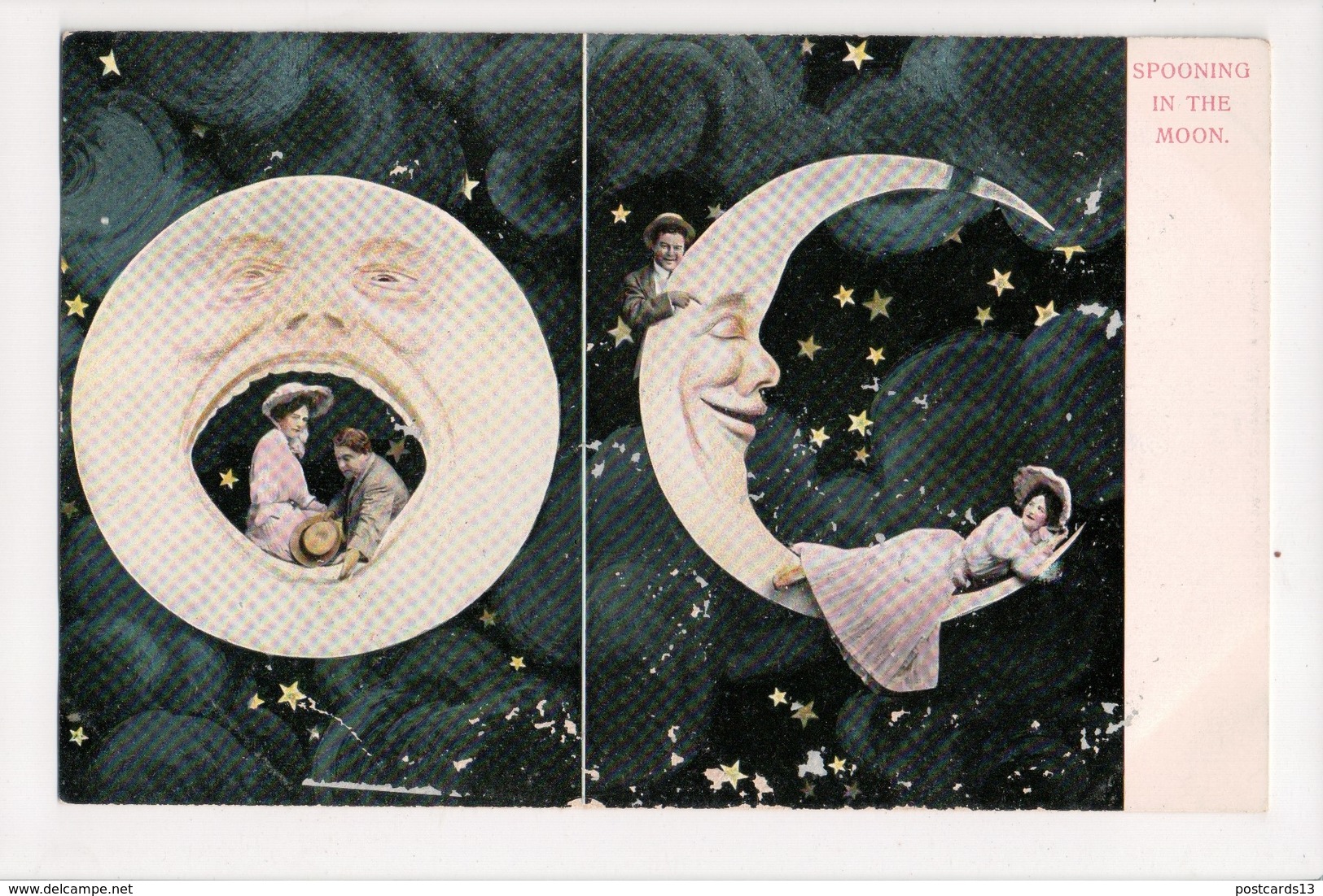 I-321 Spooning In The Moon Couple Sitting On Moon Postcard UDB - Other & Unclassified