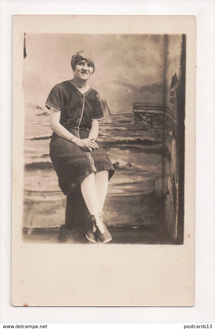 J-635 Woman In Studio Beach Scene In Bathing Suit Early Real Photo Postcard - Other & Unclassified