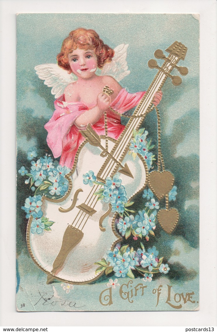 J-661 Darling Little Girl With Bass A Gift Of Love Greetings Postcard 1907 - Greetings From...