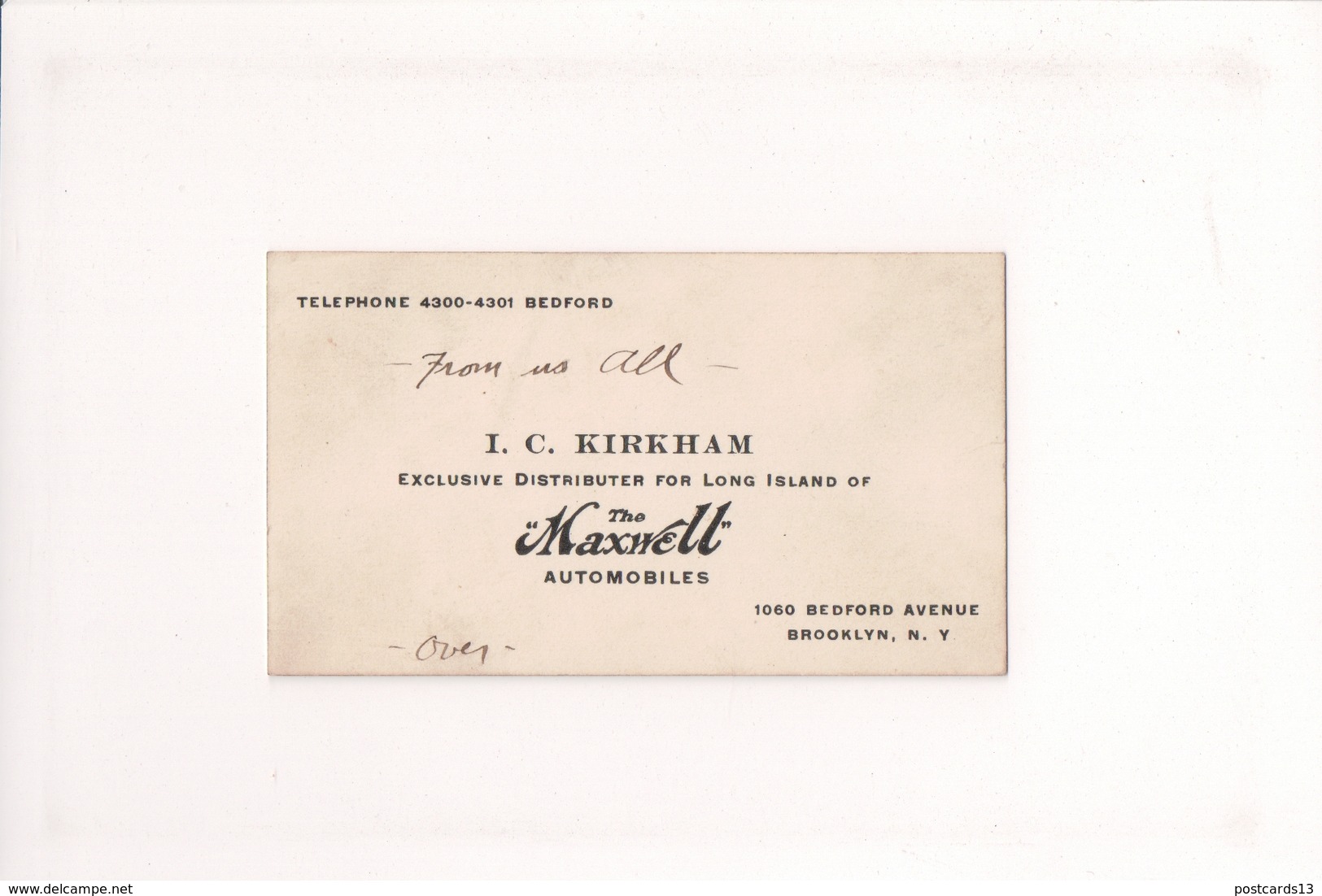 K-942 The Maxwell Automobile IC Kirkham Brooklyn NY Dealer Business Card - Other & Unclassified