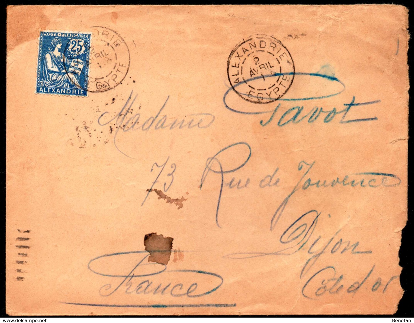 French Alexandria To Dijon Cote D'Or, France Cover 1915 - Lettres & Documents