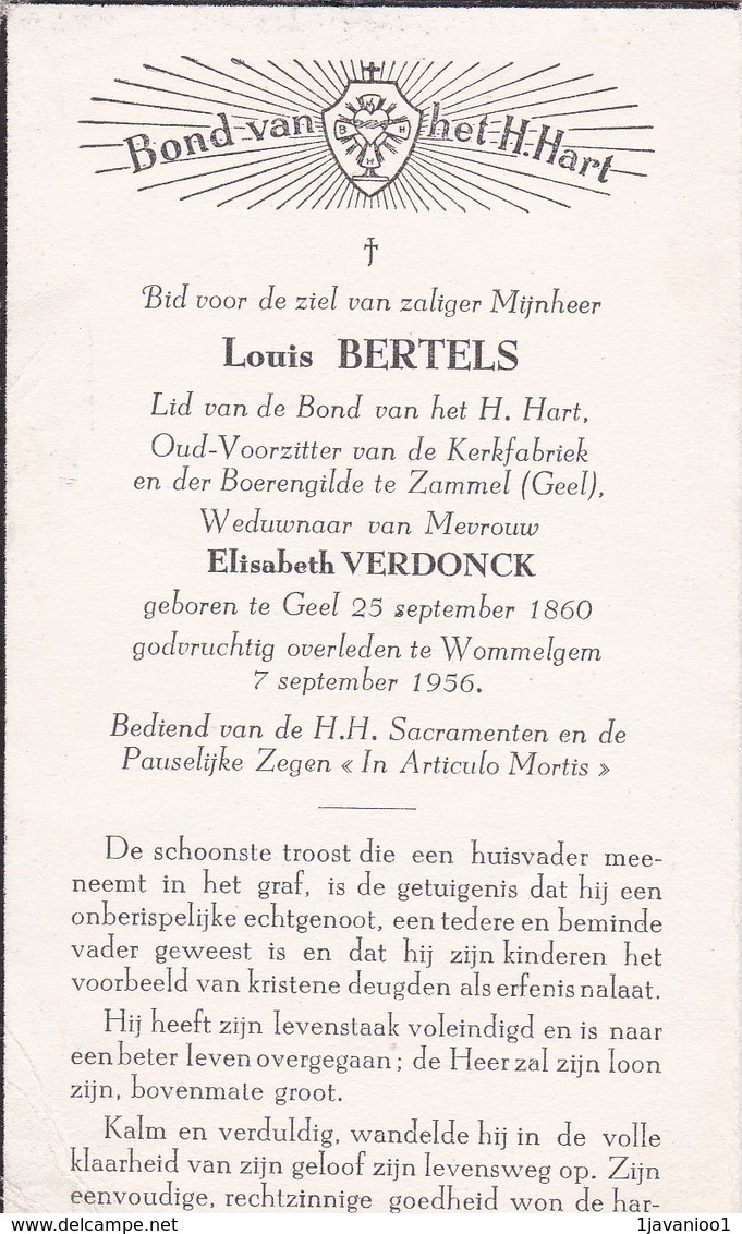 Geel; Wommelgem, Zammel, 1956, Louis Bertels, Verdonck - Images Religieuses
