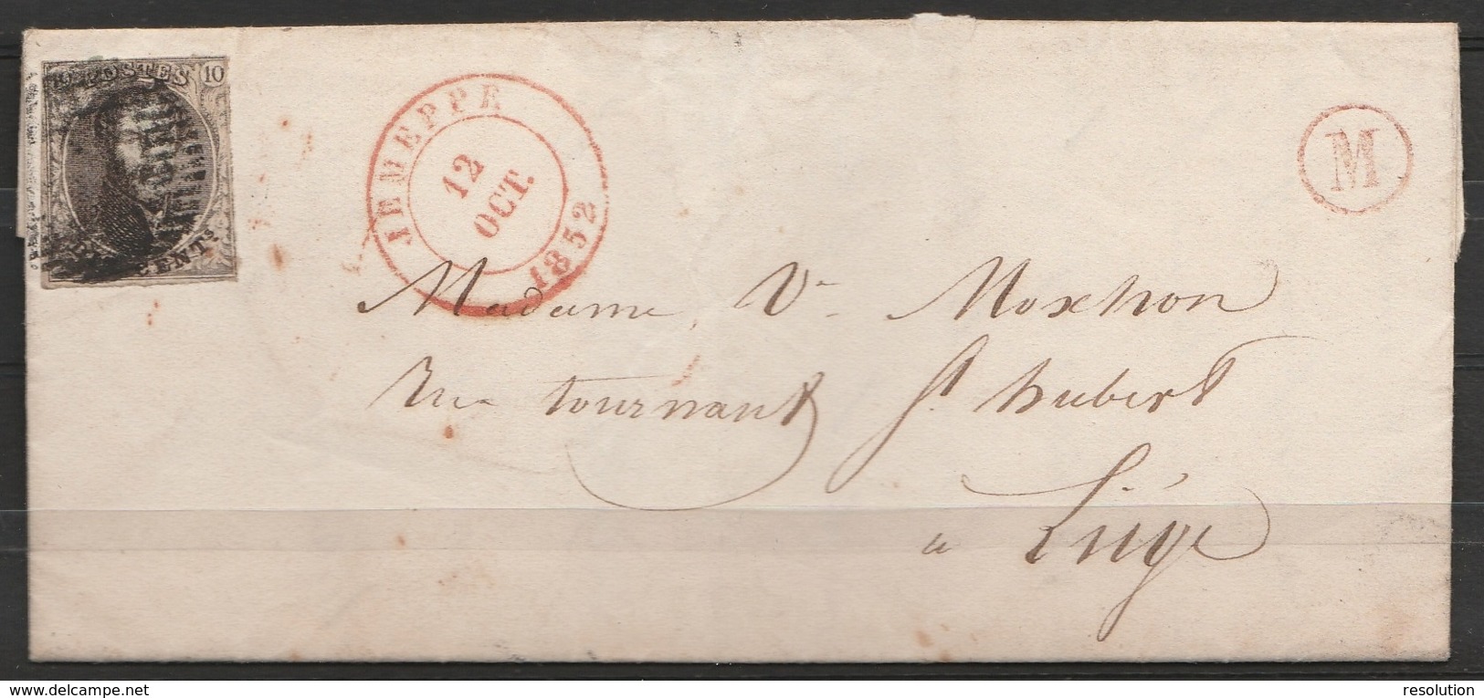 L. Datée 1852 De Engis Affr. N°6 Càd "JEMEPPE/13 OCT/1852" Pour Liège + Boîte "M" Rouge - 1851-1857 Médaillons (6/8)