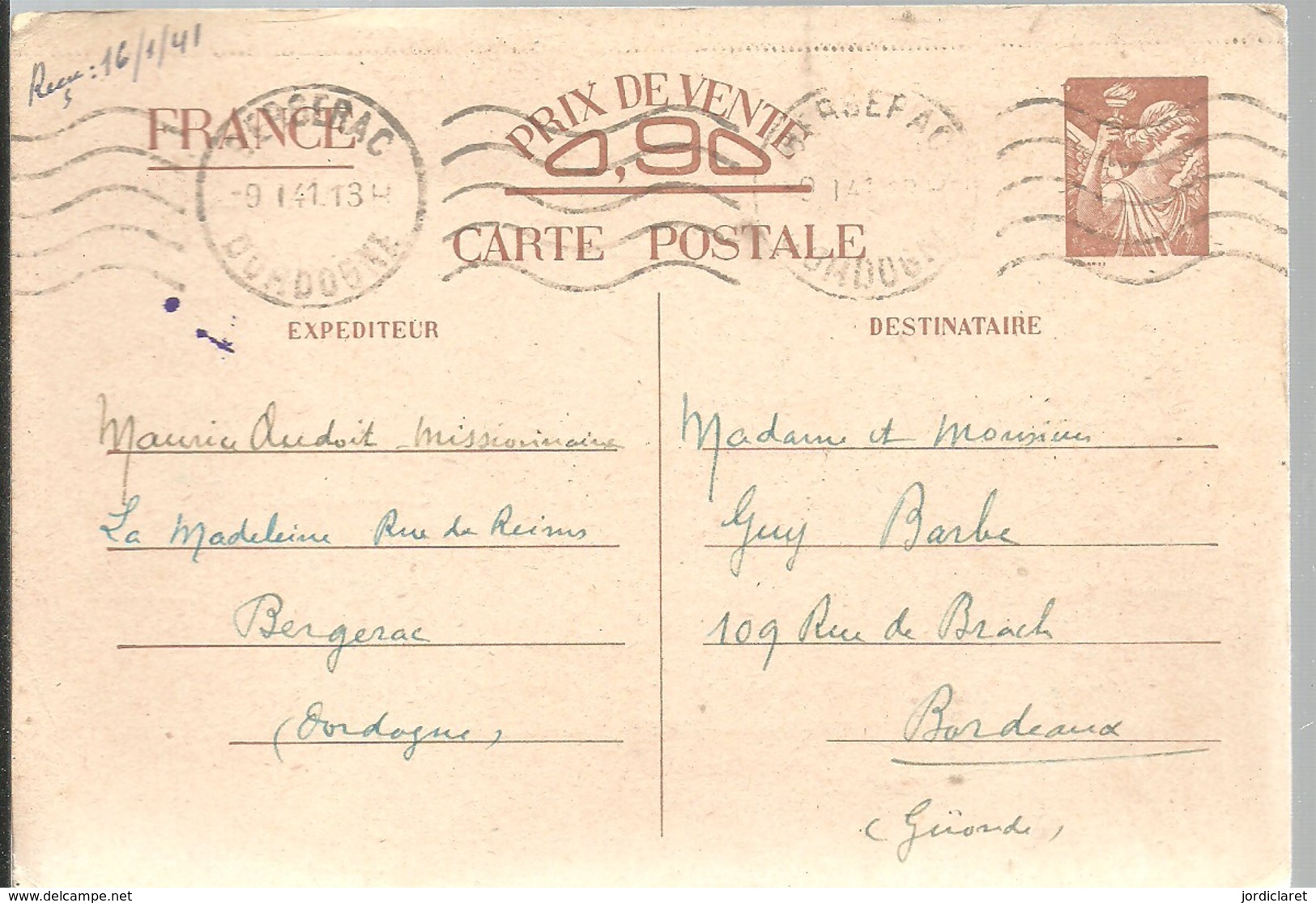 CARTE POSTALE  1941  BERGERAC - Enteros Administrativos